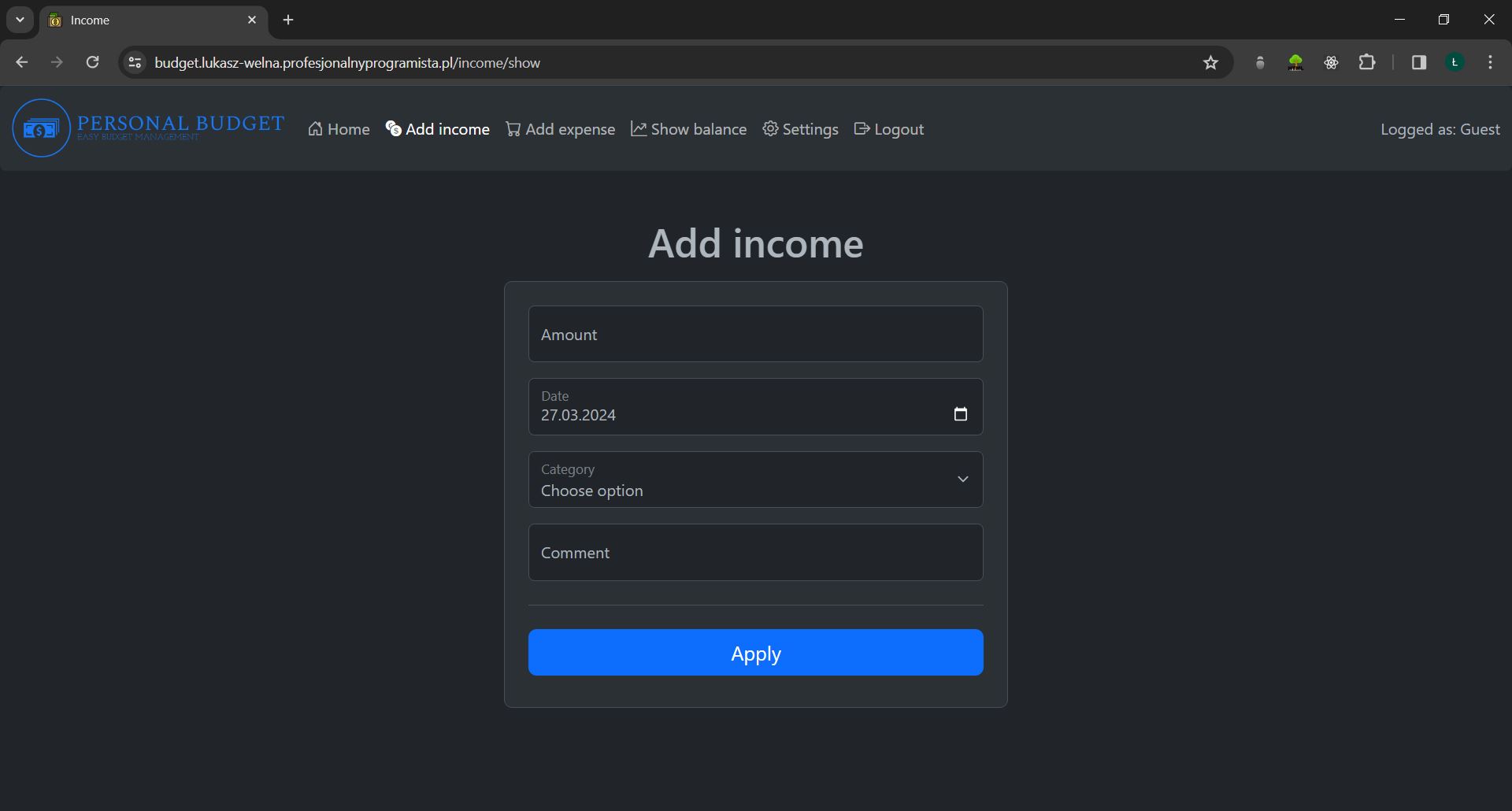 PersonalBudgetIncome